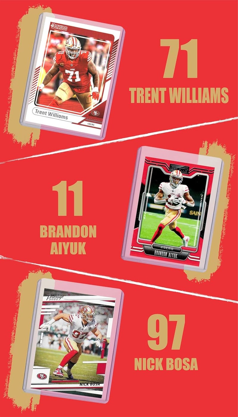 Chaser San Francisco 49ers Cards: Brock Purdy, Christian McCaffrey, Ricky Pearsall, George Kittle, Brandon Aiyuk, Nick Bosa, Steve Young, Joe Montana, Jerry Rice, Trent Williams ASSORTED Football Stars & GOATs Trading Card & Wristbands Gift Pack - Image 3